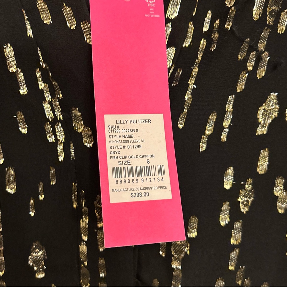 Lilly Pulitzer Winona Silk Swing Dress Onyx Fish Clip Gold Chiffon Size S NWT - Picture 13 of 13